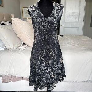 Nanette Lepore Silk Black and Cream Floral Midi Dress